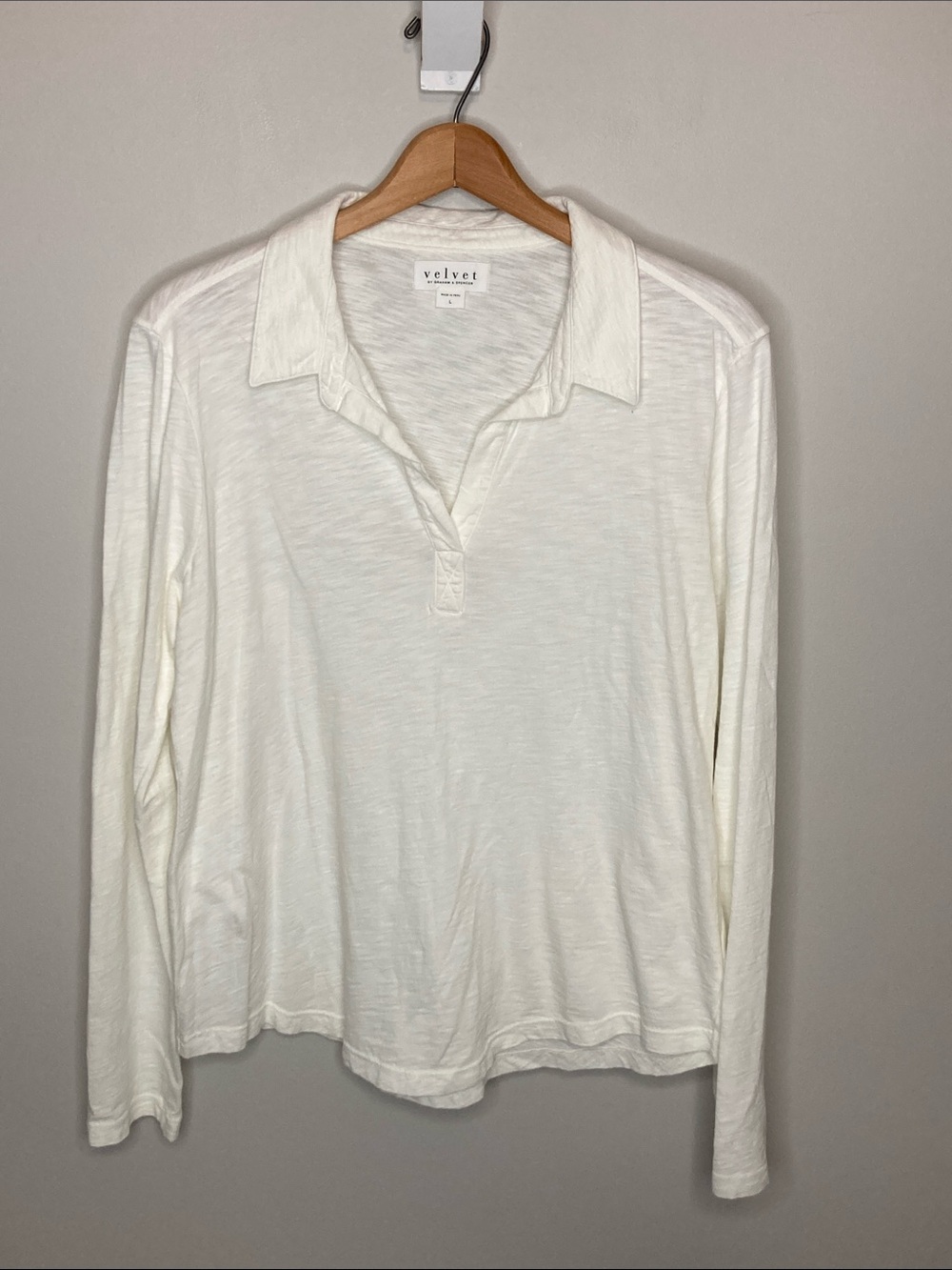 Velvet by Graham & Spencer, White Cotton Long-Sleeve Polo Top, Size Large - Picture 2 of 6